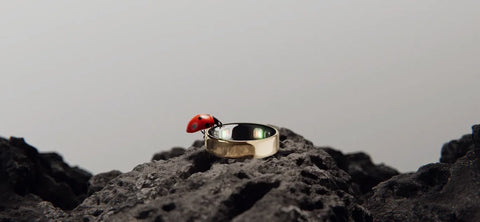 Gold smart ring with health sensors resting on volcanic rock | Smartring PH